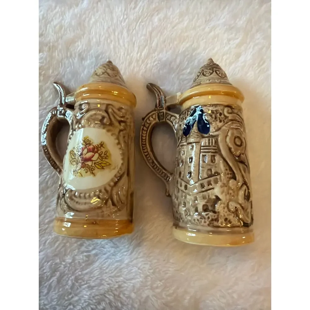 Vintage Mini Ceramic Beer Stein Salt & Pepper Shakers Floral Relief Japan Set 2